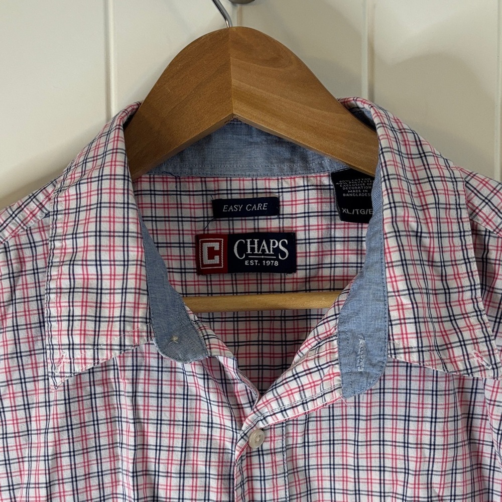 Chaps Men's Red and Blue Checkered Short Sleeved Shirt